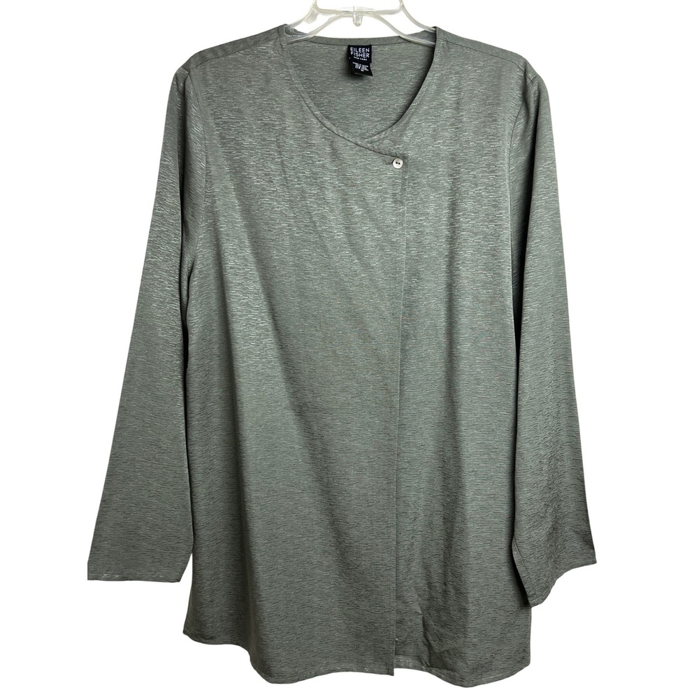 Eileen Fisher Tunic Top Womens Size Medium Green 100% Silk Asymmetric Button A50